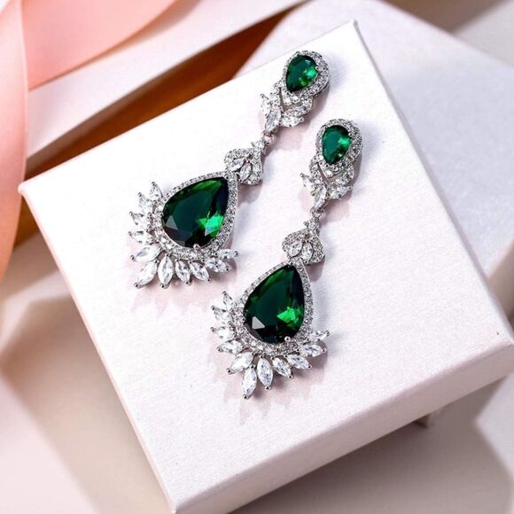 Silver with Emerald and Diamond Cubic Zirconia Vintage Style Chandelier Earrings - Picture 2 of 5